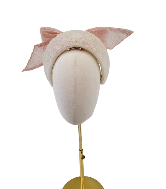 Pink Bow Headband Ivory Fascinator, on a Sinamay Halo Base, Back Bow