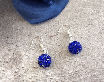 Boucles d'oreilles pendantes pendantes avec strass bleus, boule disco en cristal, perle shamballa à clip ou percée