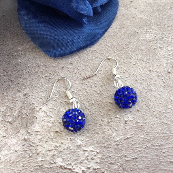 Boucles d'oreilles pendantes pendantes avec strass bleus, boule disco en cristal, perle shamballa à clip ou percée