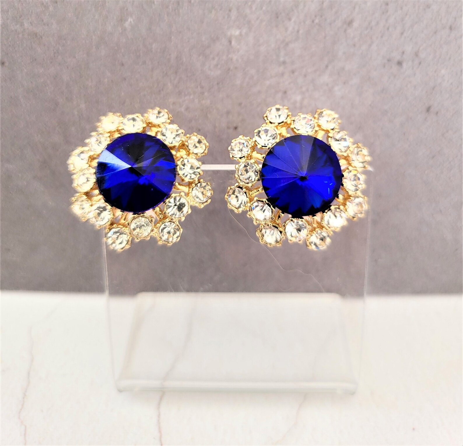 CLIP ON Diamante Stud Earrings Blue Crystal in a Round Design Etsy