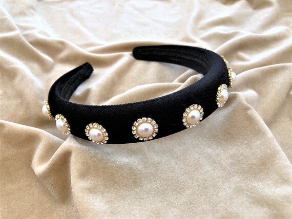 Black Velvet Headband With Diamante Pearl Medallions - Etsy display picture 1