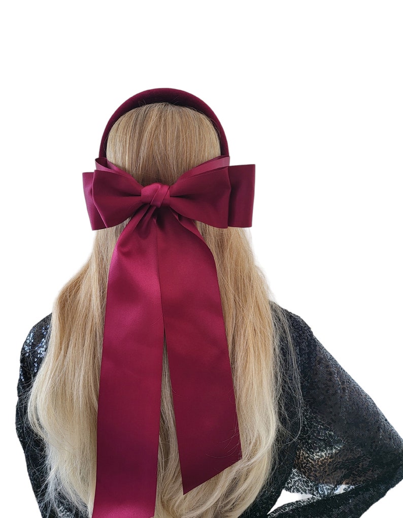 Burgund Weinrot Satin Zurück Bow Haarband Fascinator, auf einem gepolsterten Samt Haarreif, optional mit Endstücken Bild 3
