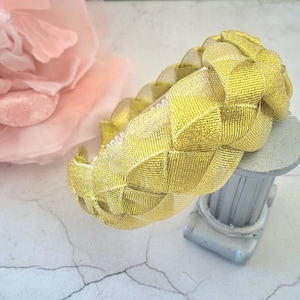 Glittery gold Headpiece, Golden Ribbon Plaited Headband, Woven Fascinator, 5 cms wide