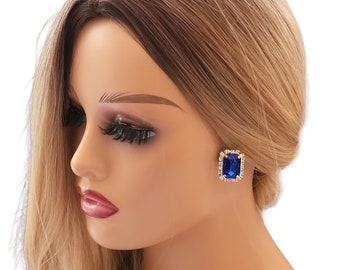 Clip On Dark Blue Diamante Stud Earrings  2.2 cms drop Silver Tone Rectangular Cluster style