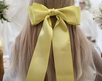 Grande barrette à cheveux en satin jaune avec longues queues, bibi, mariée ou demoiselle d'honneur, double noeud