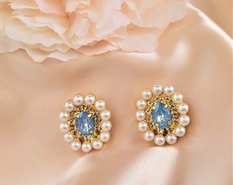 Clip on Diamante Cluster Stud Earrings with Pearl Bead and Opaque Blue Crystal 3 cms Pierced option