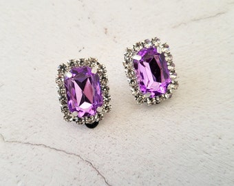 Clip On Lilac Diamante Stud Earrings,  2.2 cms drop Silver Tone Rectangular Cluster style, Pierced option