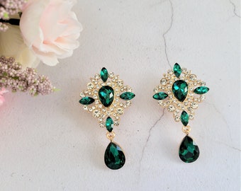 Clip On Diamante Dangle Drop Earrings, with Emerald Green Colour Stones, and Teardrop Pendant on Gold Tone, Statement Style 6.5 cms drop