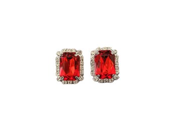 Clip On Red Diamante Stud Earrings,  2.2 cms drop Silver Tone Rectangular Cluster style, Pierced option