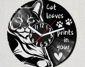 Chat - Horloge murale personnalisée en disque vinyle avec inscription - Idée cadeau, Art Decorate Home