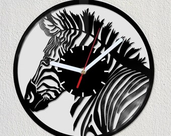 Horloge murale disque vinyle animal zèbre, idée cadeau, décoration maison