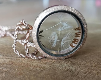 Gepersonaliseerde ketting met naam, medaillon gevuld met paardenbloemzaadjes, roségoudkleurig roestvrij staal - een lief cadeau-idee