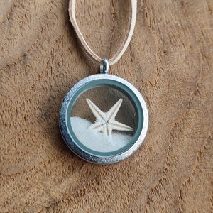Könnte beinhalten: Eine silberne Halskette mit einem Anhänger, in dem sich ein weißer Seestern und Sand in einem durchsichtigen Glaskreis befinden.