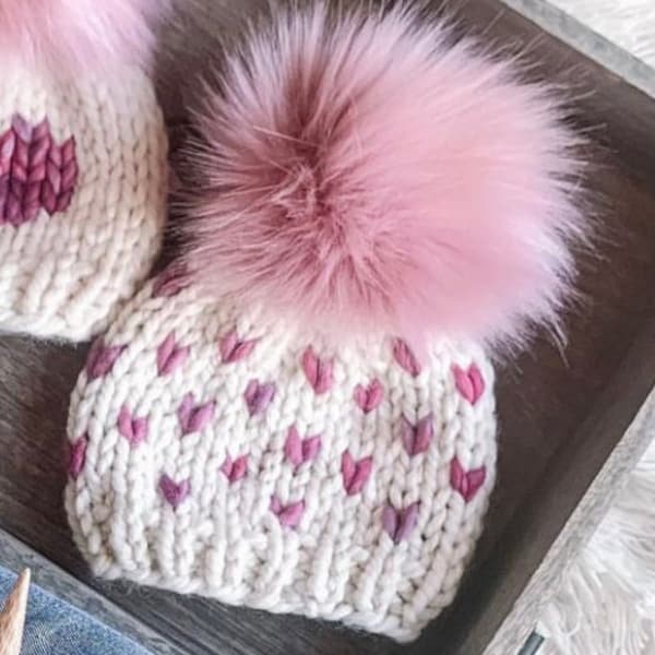 KNITTING PATTERN: Little Heart Hat, Tiny Hearts Beanie, Kids knit hat, Modern Knitting, Knit Hat, Baby Hat, Kids Hat
