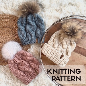 KNITTING PATTERN - Bulky Hat Knitting Pattern - Cable Knit Hat - Bulky pompom hat