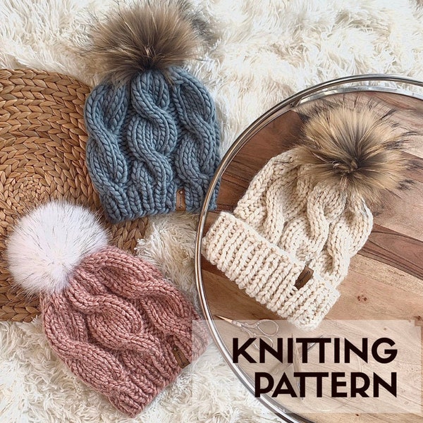 KNITTING PATTERN - Bulky Hat Knitting Pattern - Cable Knit Hat - Bulky pompom hat