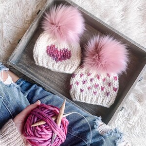 MADE TO ORDER Knit Hat, Cream coloured with pink tiny hearts, comes with faux or real fur pom of your choice image 6