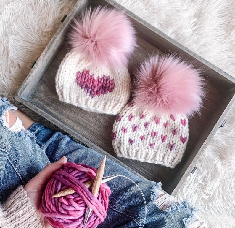 MADE TO ORDER Knit Hat, Cream coloured with pink tiny hearts, comes with faux or real fur pom of your choice image 6