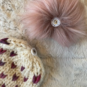MADE TO ORDER Knit Hat, Cream coloured with pink tiny hearts, comes with faux or real fur pom of your choice image 3