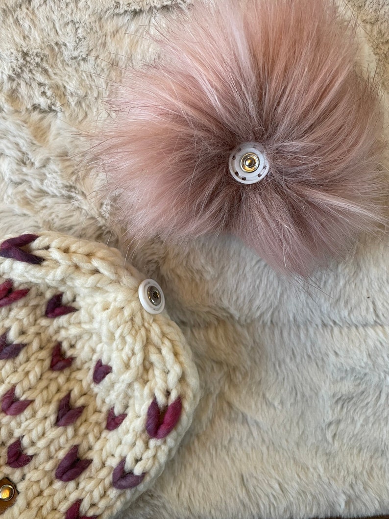 MADE TO ORDER Knit Hat, Cream coloured with pink tiny hearts, comes with faux or real fur pom of your choice image 3