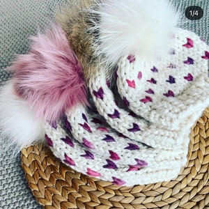 MADE TO ORDER Knit Hat, Cream coloured with pink tiny hearts, comes with faux or real fur pom of your choice image 2