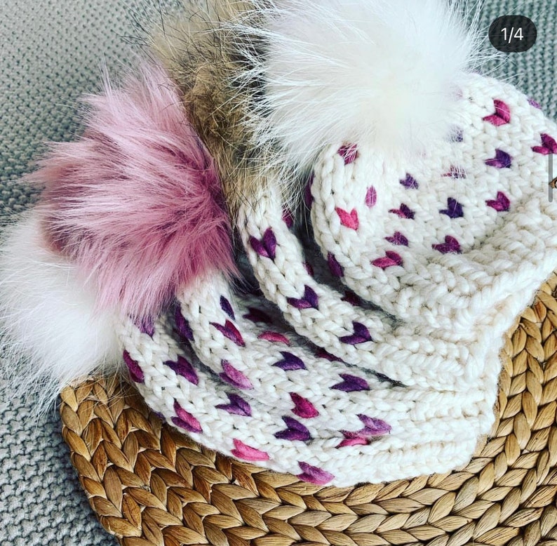 MADE TO ORDER Knit Hat, Cream coloured with pink tiny hearts, comes with faux or real fur pom of your choice image 2