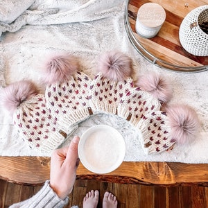 MADE TO ORDER Knit Hat, Cream coloured with pink tiny hearts, comes with faux or real fur pom of your choice image 4