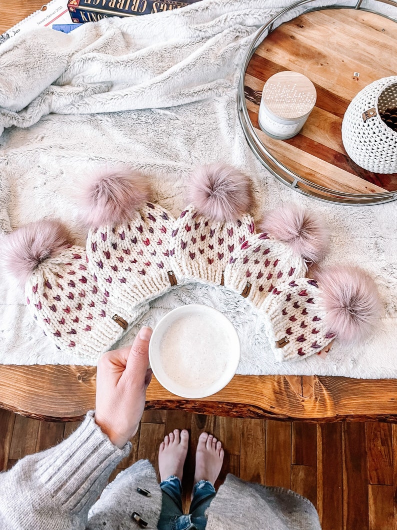 MADE TO ORDER Knit Hat, Cream coloured with pink tiny hearts, comes with faux or real fur pom of your choice image 4