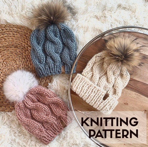 Fur Pompom Beanie Hat Knitting Pattern