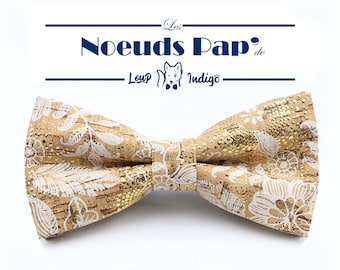 Cork bow tie for adults "Le Huit" - White and gold patterns - Available in child size