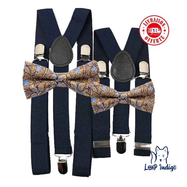 Ensemble bretelles et nœud papillon en liège adulte homme enfant - Bleues - "Le Cinq" - Motifs bleus - Existe version enfant adulte simple