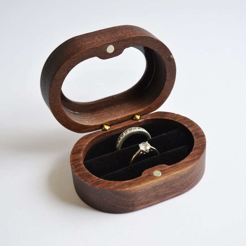 Walnut wooden box for window wedding rings White Oval shape Wedding Immediate shipping Noire