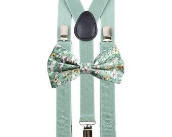 Adult men's cotton suspenders and bow tie set - Water green - "Le Greenock" - Available in child and duo sizes