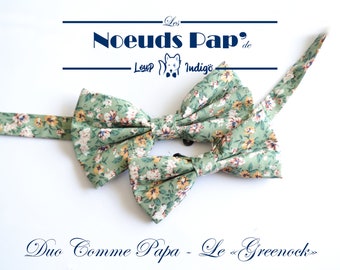 Ensemble 2 nœuds papillon coton adulte enfant - "Le Greenock" - Motifs floral vert - Duo adulte/enfant, père/fils