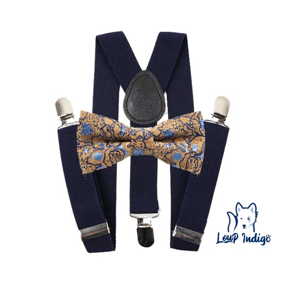 Conjunto de tirantes y pajarita de corcho para niño - Azul - "Le Cinq" - Motivos azules* - Disponible en talla adulto y dúo
