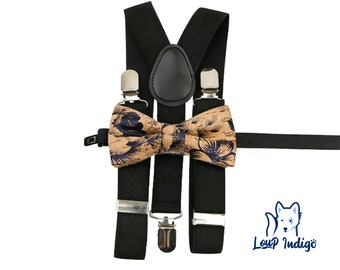 Set straps and bow tie in cork child boy - Black - "The Three" - Black patterns - Exists adult size and duo