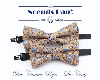 Set of 2 cork bow ties for adults and children - "Le Cinq" - Blue patterns* - Adult/child, father/son duo