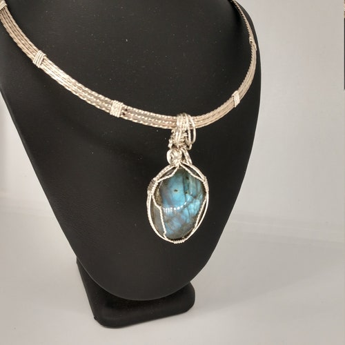 Sterling Silver Wire Wrapped Choker Necklace with shops Wire Wrapped Labradorite Pendant, Just for Her