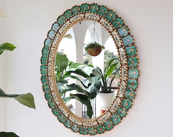 Beautiful Turquoise Gold Mirror 70cm Oval -Interior decoration - Wall mirror - Home decoration - Decorative mirrors - Peruvian Crafts