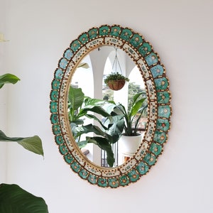 Wunderschöner türkis-goldener Spiegel 70 cm oval Innendekoration Wandspiegel Heimdekoration dekorative Spiegel peruanisches Kunsthandwerk Bild 1