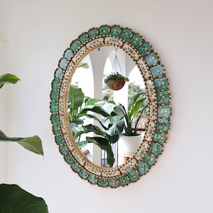 Beautiful Turquoise Gold Mirror 70cm Oval Interior decoration Wall mirror Home decoration Decorative mirrors Peruvian Crafts image 1