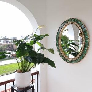 Wunderschöner türkis-goldener Spiegel 70 cm oval Innendekoration Wandspiegel Heimdekoration dekorative Spiegel peruanisches Kunsthandwerk Bild 7