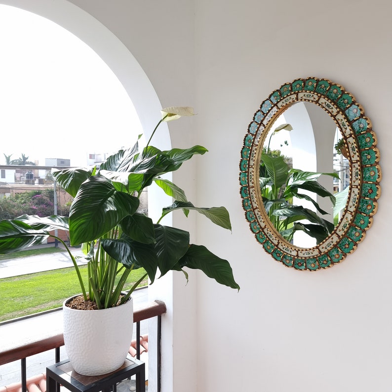 Wunderschöner türkis-goldener Spiegel 70 cm oval Innendekoration Wandspiegel Heimdekoration dekorative Spiegel peruanisches Kunsthandwerk Bild 7