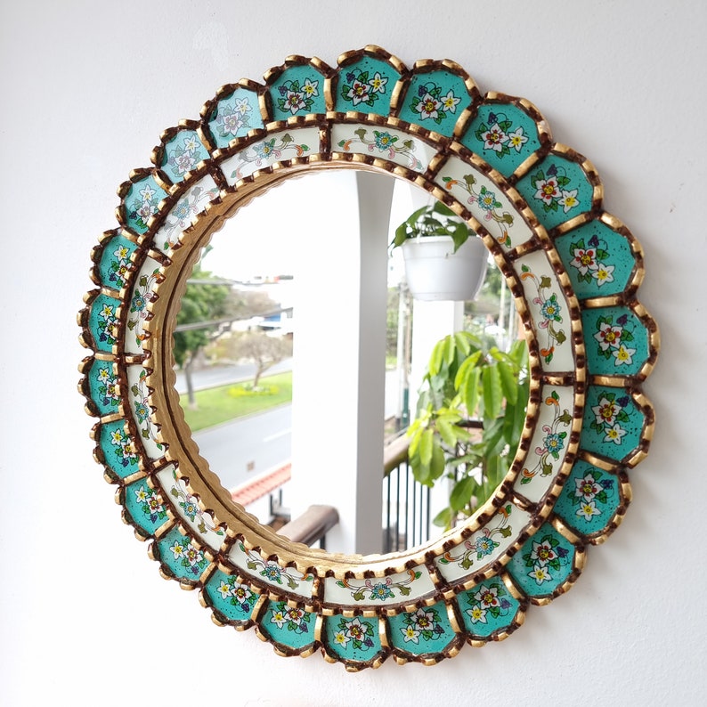 Peruvian Mirrors Armoniosa Turquesa 40cm Decoración interiores Espejo de Pared Decoración hogar Espejos decorativos 画像 2