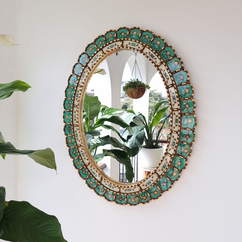 Beautiful Turquoise Gold Mirror 70cm Oval Interior decoration Wall mirror Home decoration Decorative mirrors Peruvian Crafts image 1