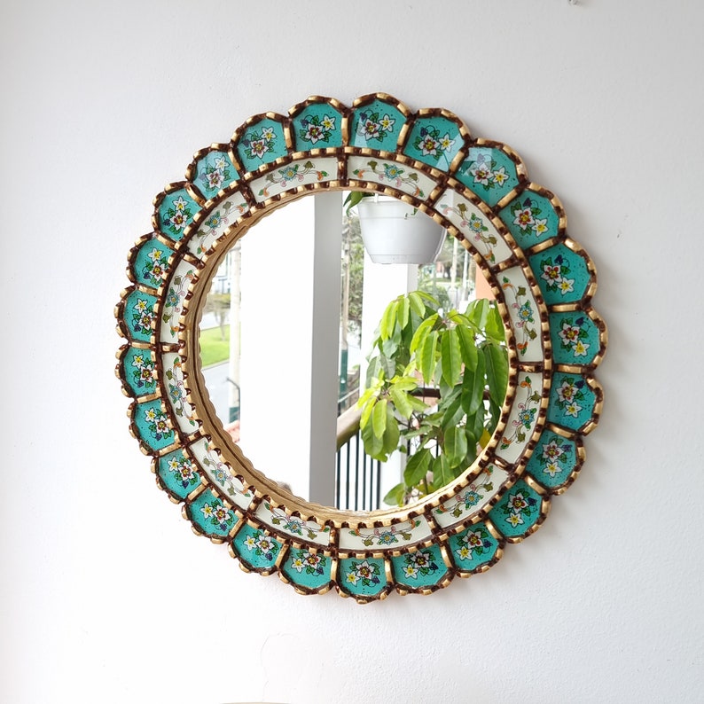 Peruvian Mirrors Armoniosa Turquesa 40cm Decoración interiores Espejo de Pared Decoración hogar Espejos decorativos 画像 1