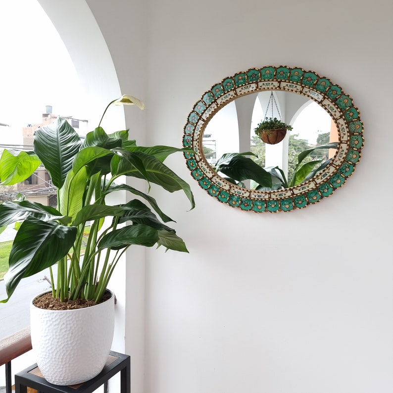 Wunderschöner türkis-goldener Spiegel 70 cm oval Innendekoration Wandspiegel Heimdekoration dekorative Spiegel peruanisches Kunsthandwerk Bild 5