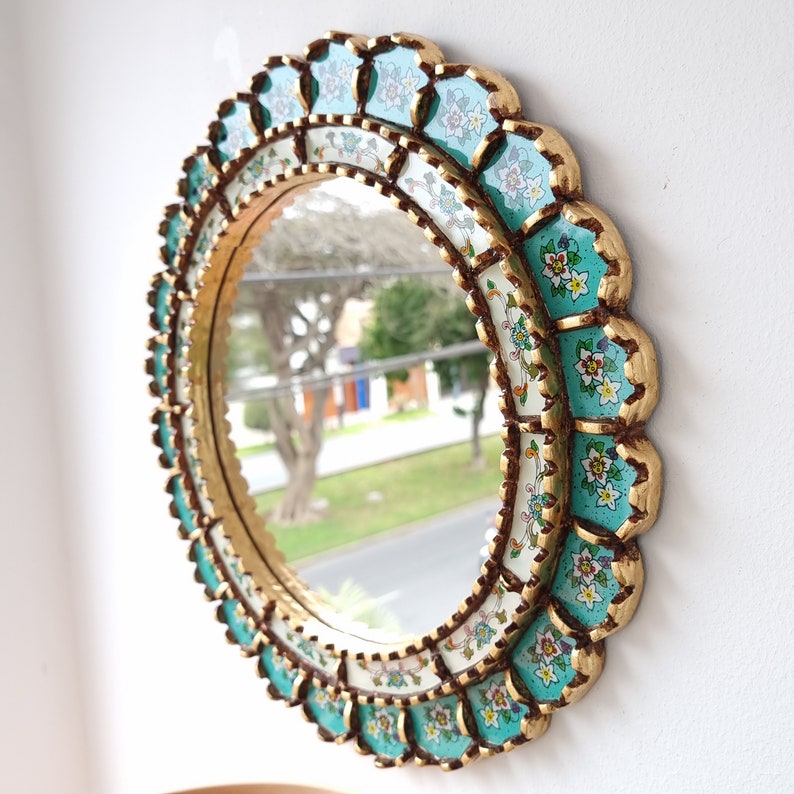 Peruvian Mirrors Armoniosa Turquesa 40cm Decoración interiores Espejo de Pared Decoración hogar Espejos decorativos 画像 4
