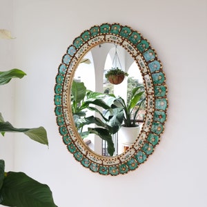 Beautiful Turquoise Mirror 70cm Oval Gold Interior Decoration Wall Mirror Home Decoration Decorative Mirrors Peruvian Crafts Etsy UK