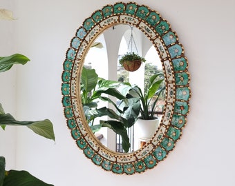 Beautiful Turquoise Mirror 70cm Oval Gold - Interior Decoration - Wall Mirror - Home Decoration - Decorative Mirrors - Peruvian Crafts